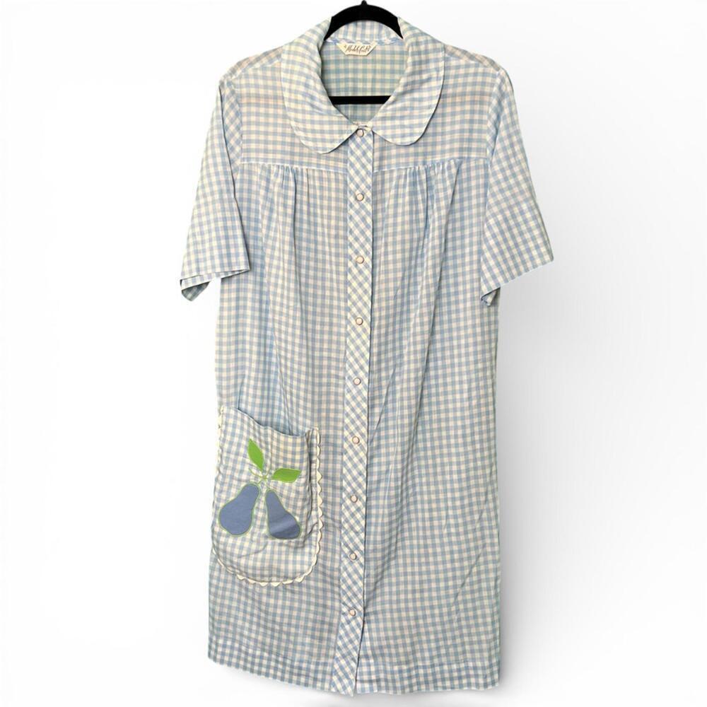 Vintage Blue and White Gingham Button-Up Nightgown with Pear Applique Pocket